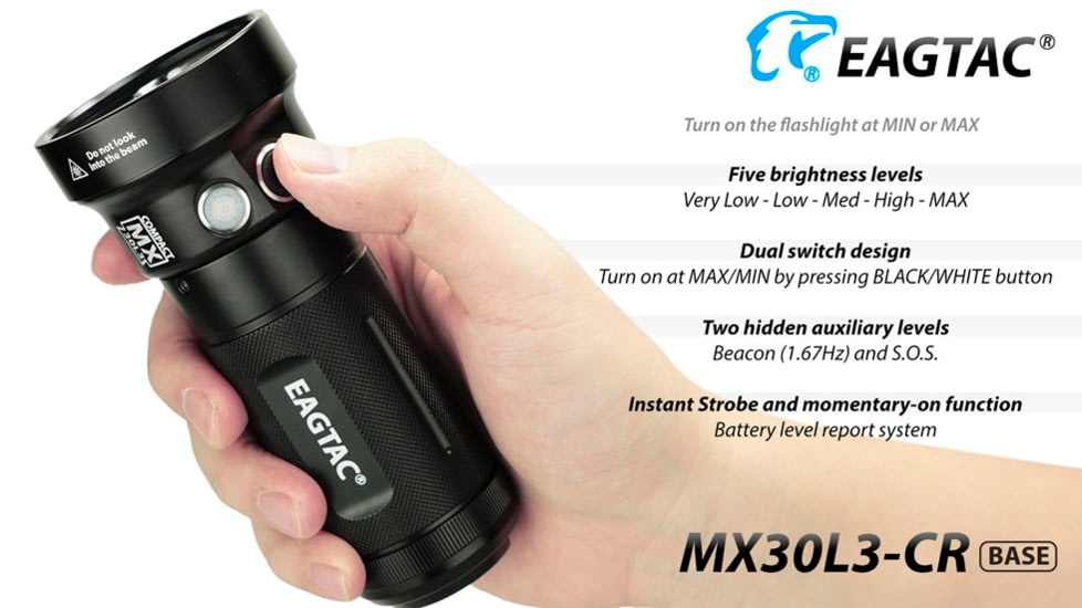 EAGTAC MX30L3-CR Flashlight Kit, 6 Nichia 219B 5700K CRI92 R9050 SW57 D220 LED, 3600lm, Black, MX30L3CR-6*SST20-KIT-NW