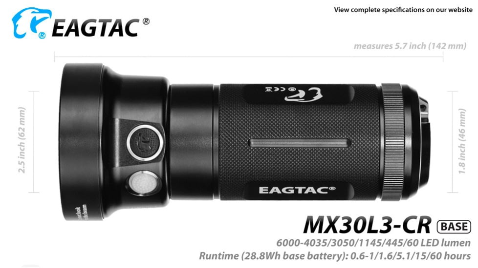 EAGTAC MX30L3-CR Flashlight Kit, 6 Nichia 219B 5700K CRI92 R9050 SW57 D220 LED, 3600lm, Black, MX30L3CR-6*SST20-KIT-NW