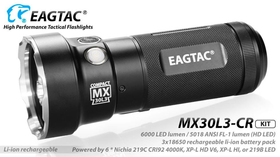 EAGTAC MX30L3-CR Flashlight Kit, 6 Nichia 219B 5700K CRI92 R9050 SW57 D220 LED, 3600lm, Black, MX30L3CR-6*SST20-KIT-NW
