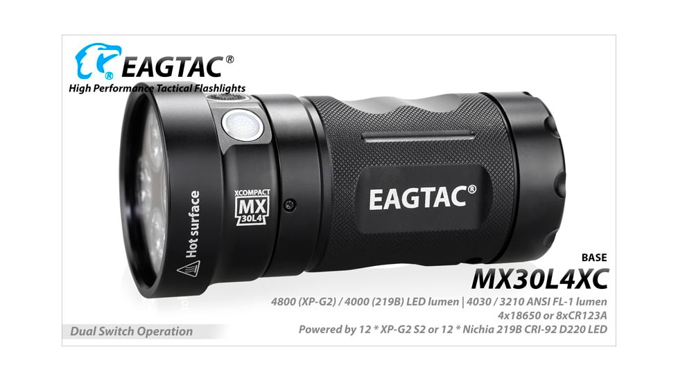 EAGTAC MX30L4-XC Flashlight Kit, 12 Nichia 219B CRI-92 5700K LED, 4000lm, Black, MX30L4XC -12*219B-KIT-NW