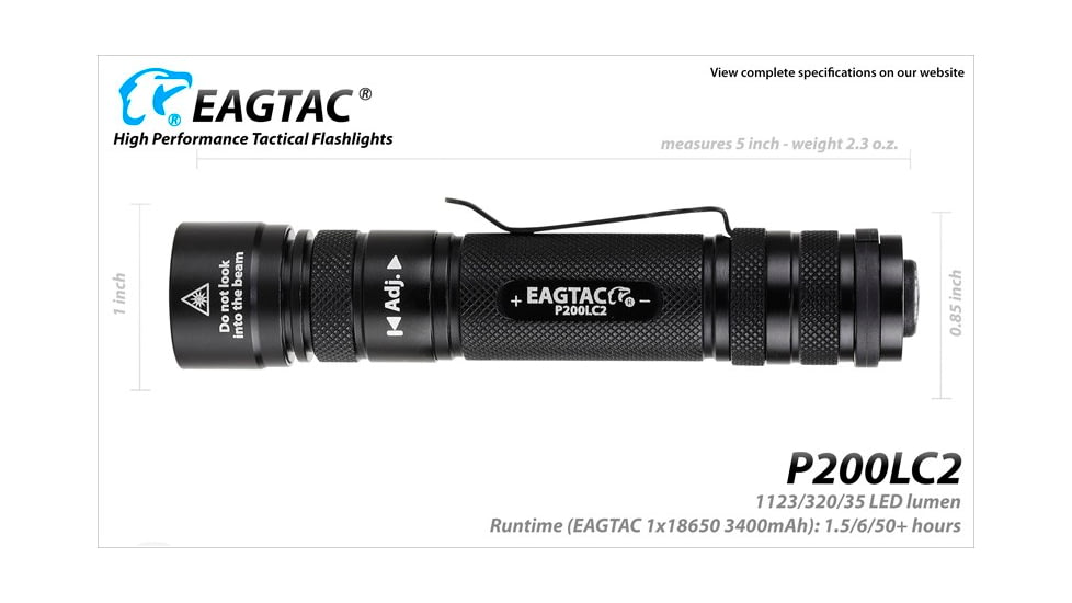 EAGTAC P200LC2 Flashlight, UV 365nm, 1000 mW, Black, 1000 mW, P200LC2-UV-365NM