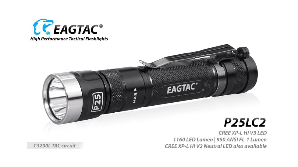 EAGTAC P25LC2 Flashlight, XM-L2 U2 NW LED, 1200lm, Black, P25LC2-XML2-NW