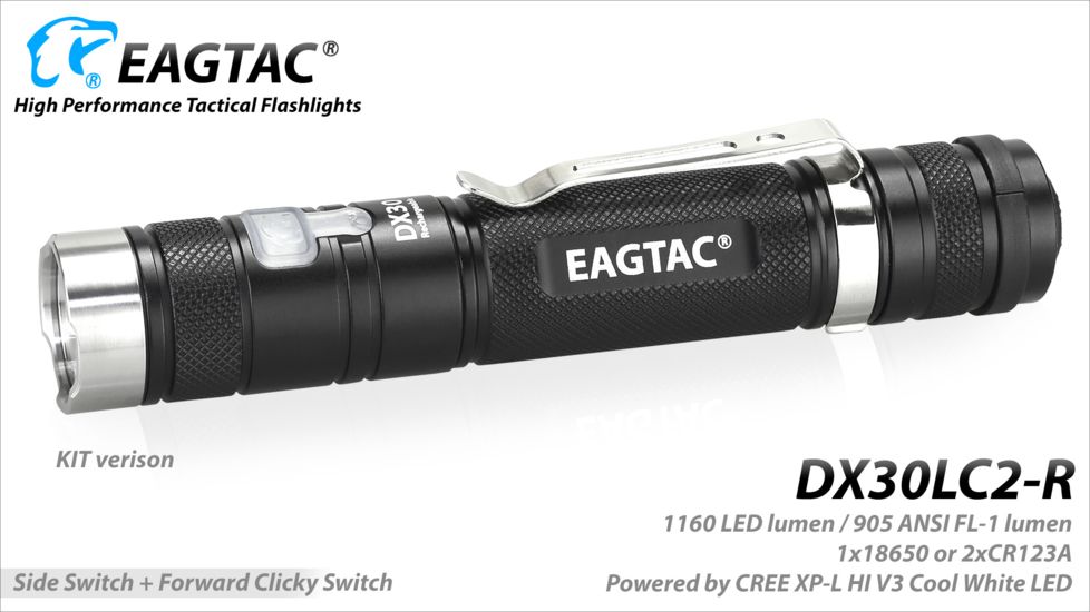 Eagtac Rechargeable DX30LC2-R XPL HI 1160 Lumens LED Flashlight, Black, Medium, DX30LC2RXPLHI