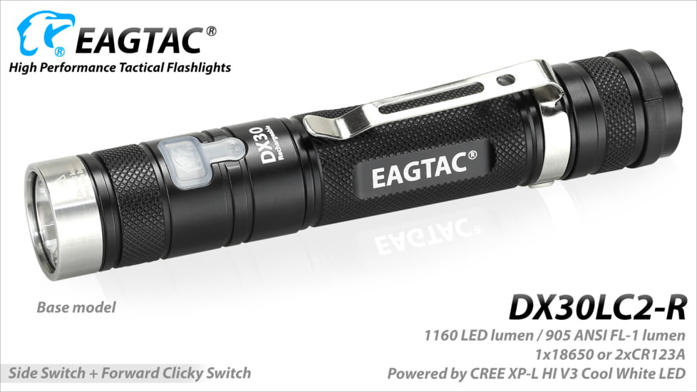 Eagtac Rechargeable DX30LC2-R XPL HI 1160 Lumens LED Flashlight, Black, Medium, DX30LC2RXPLHI
