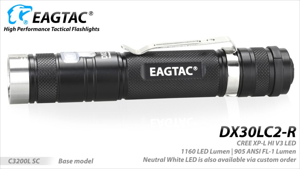 Eagtac Rechargeable DX30LC2-R XPL HI 1160 Lumens LED Flashlight Kit, Black, Medium, DX30LC2RXPLHIKIT