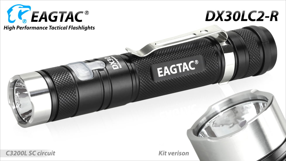Eagtac Rechargeable DX30LC2-R XPL HI 1160 Lumens LED Flashlight Kit, Black, Medium, DX30LC2RXPLHIKIT