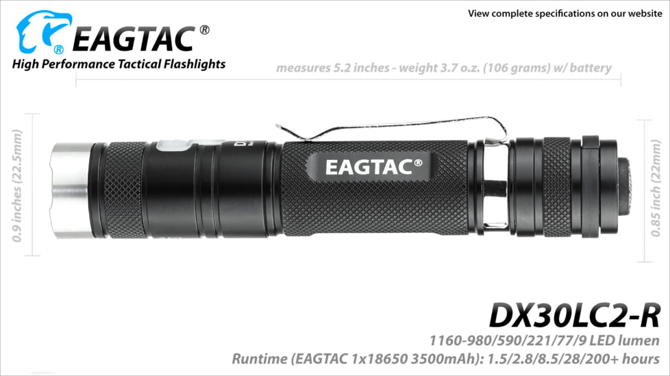 Eagtac Rechargeable DX30LC2-R XPL HI 1160 Lumens LED Flashlight Kit, Black, Medium, DX30LC2RXPLHIKIT
