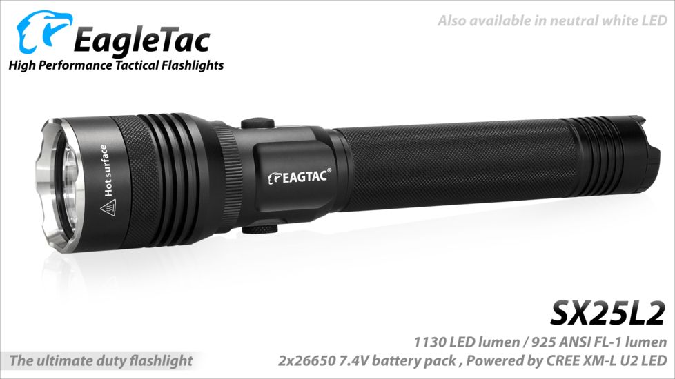 Eagtac Rechargeable SX25L2 XM-L2 U4 1494 Lumens LED Flashlight, Black, Medium, SX25L2XML2