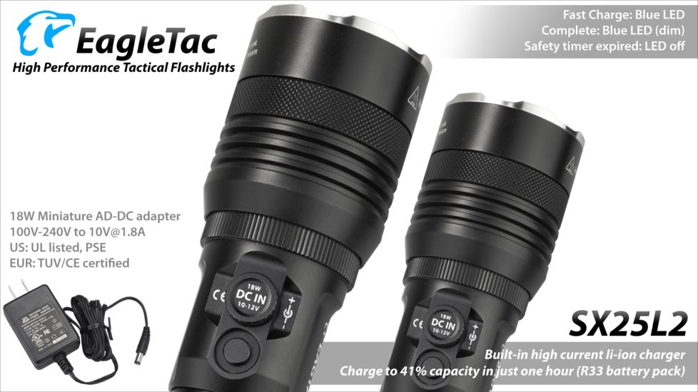 Eagtac Rechargeable SX25L2 XM-L2 U4 1494 Lumens LED Flashlight, Black, Medium, SX25L2XML2