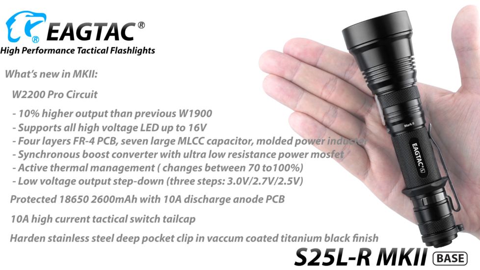 EAGTAC S25L-R Base Flashlight, XHP35 HI CW LED, 1870lm, Black, Medium 4155