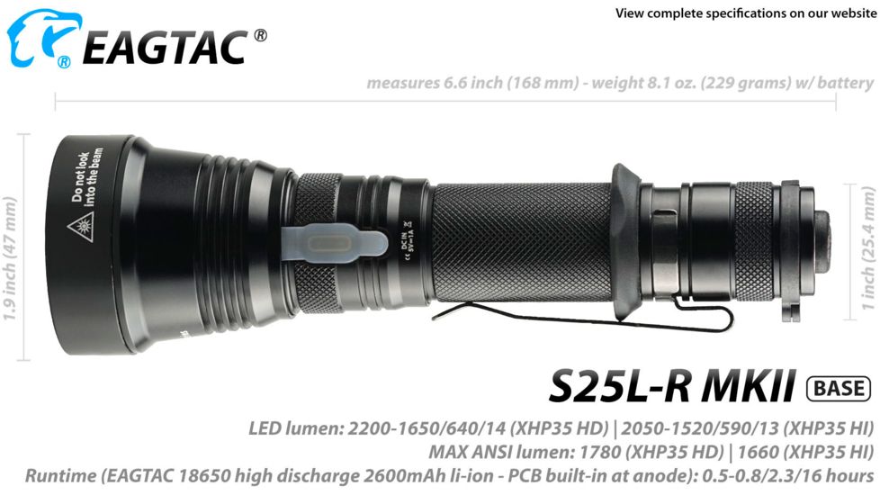 EAGTAC S25L-R Base Flashlight, XHP35 HI CW LED, 1870lm, Black, Medium 4155
