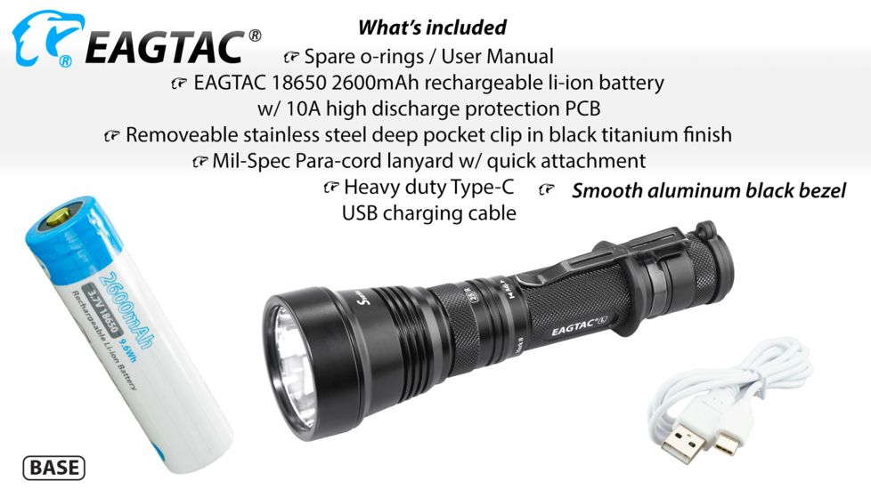 EAGTAC S25L-R Base Flashlight, XHP35 HI CW LED, 1870lm, Black, Medium 4155