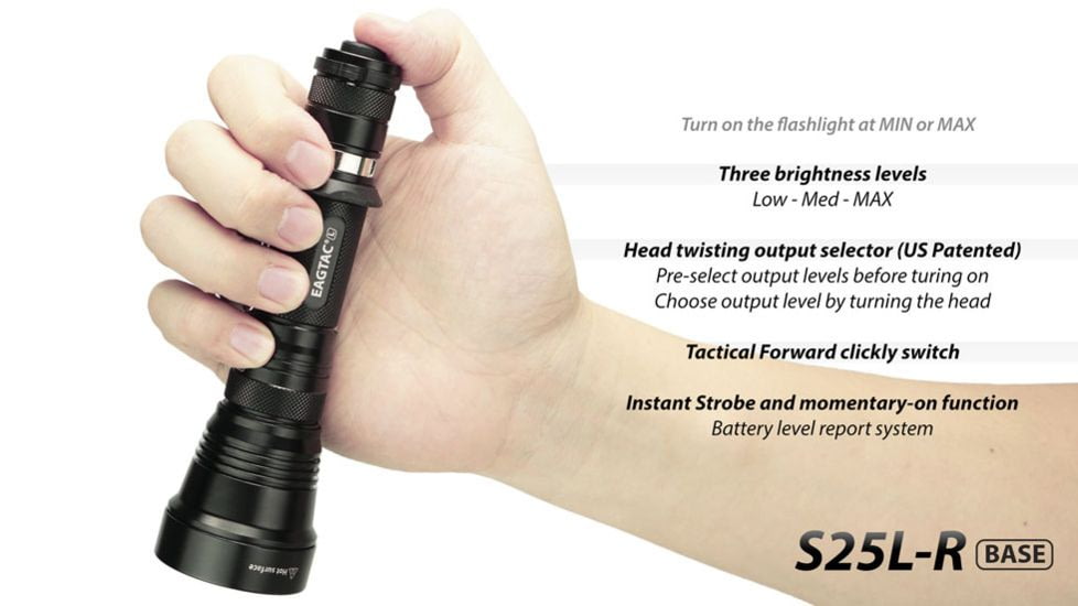 EAGTAC S25L-R Base Flashlight, XHP35 HI NW LED, 1750lm, Black, S25LR-XHP35-HI-BASE-NW