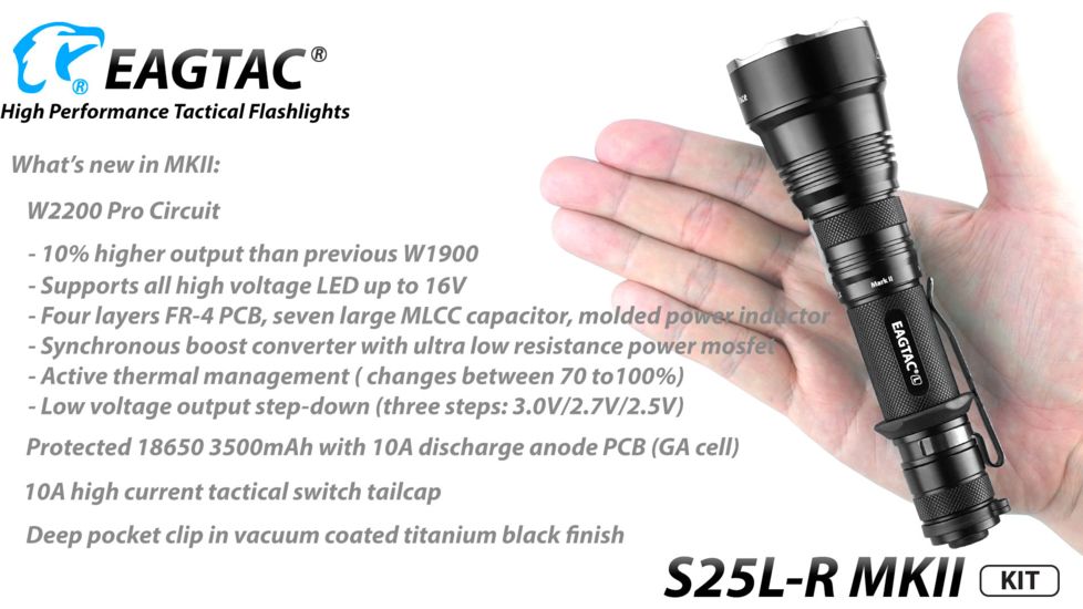 EAGTAC S25L-R Flashlight Kit, XHP35 HI CW LED, 1870lm, Black, Medium 4157