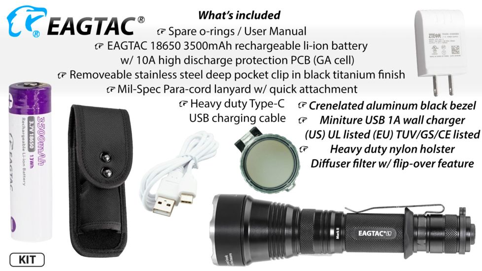 EAGTAC S25L-R Flashlight Kit, XHP35 HI CW LED, 1870lm, Black, Medium 4157