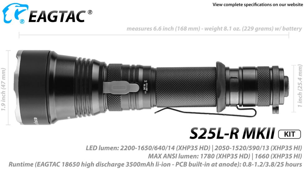 EAGTAC S25L-R Flashlight Kit, XHP35 HI CW LED, 1870lm, Black, Medium 4157