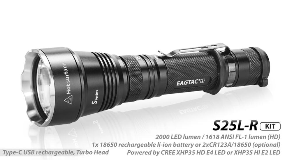 EAGTAC S25L-R Flashlight Kit, XHP35 HI NW LED, 1750lm, Black, S25LR-XHP35-HI-KIT-NW