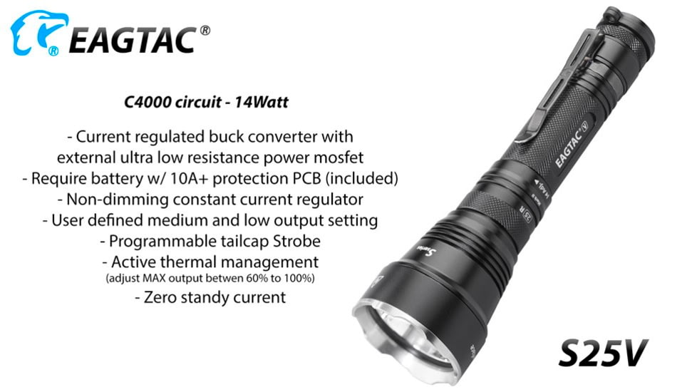 EAGTAC S25V CSLPM1 Flashlight, 21700 5000mAh li-ion, CW LED, 1200 Lumen, Black, S25V-CSLPM1-CW
