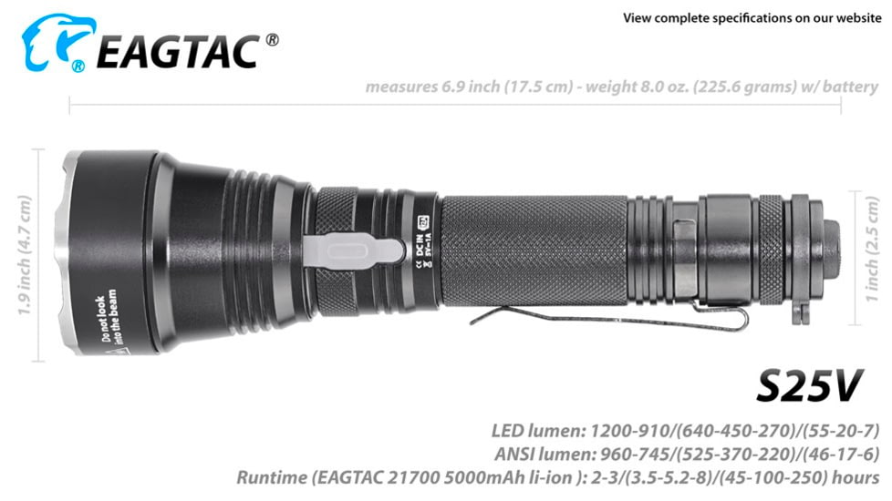EAGTAC S25V CSLPM1 Flashlight, 21700 5000mAh li-ion, CW LED, 1200 Lumen, Black, S25V-CSLPM1-CW