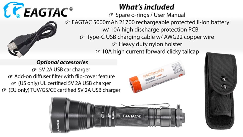 EAGTAC S25V CSLPM1 Flashlight, 21700 5000mAh li-ion, CW LED, 1200 Lumen, Black, S25V-CSLPM1-CW