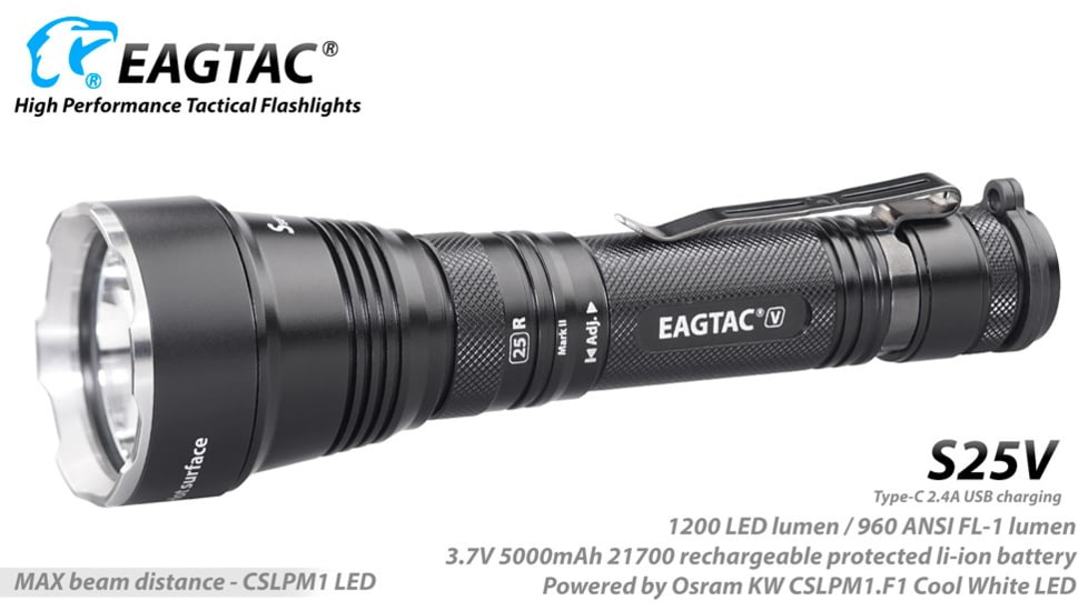 EAGTAC S25V CSLPM1 Flashlight, 21700 5000mAh li-ion, CW LED, 1200 Lumen, Black, S25V-CSLPM1-CW