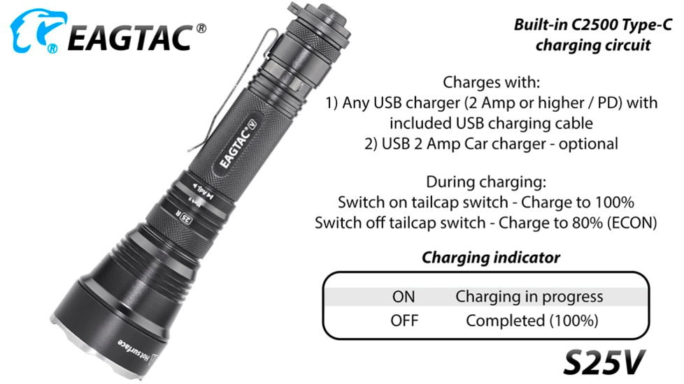 EAGTAC S25V CSLPM1 Flashlight, 21700 5000mAh li-ion, CW LED, 1200 Lumen, Black, S25V-CSLPM1-CW