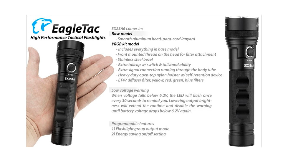 EAGTAC SX25A6 Flashlight, XM-L2 CW U4 LED, 1494lm, Black, SX25A6-XML2-BASE-CW