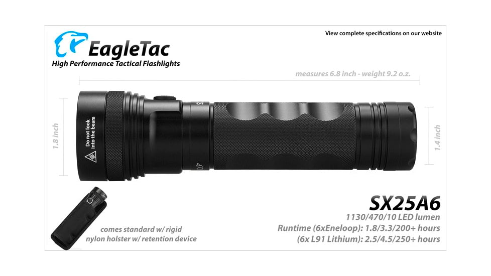 EAGTAC SX25A6 Flashlight, XM-L2 CW U4 LED, 1494lm, Black, SX25A6-XML2-BASE-CW