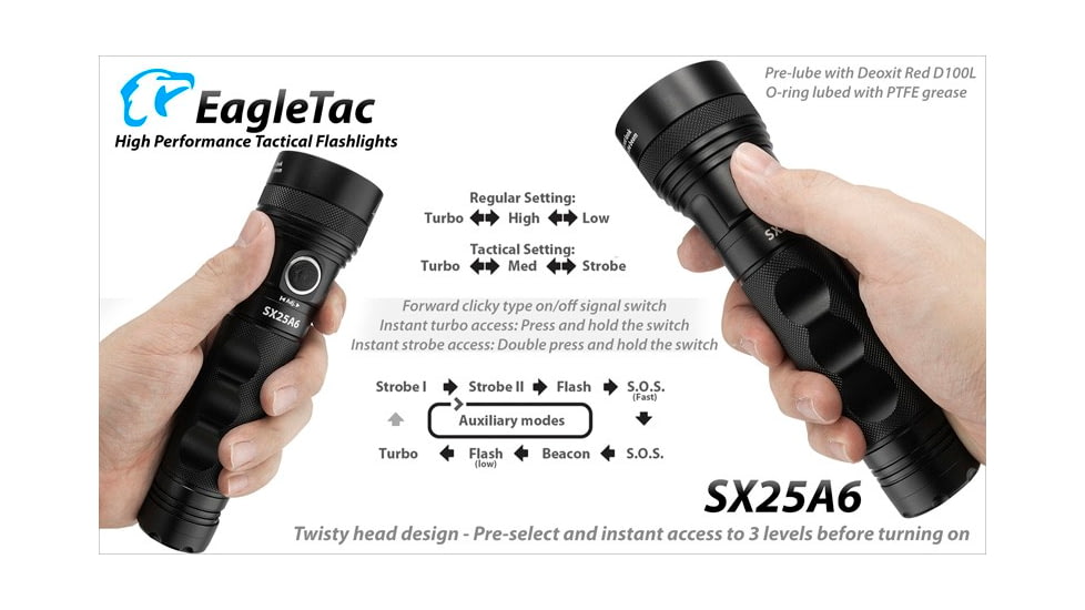 EAGTAC SX25A6 Flashlight, XM-L2 CW U4 LED, 1494lm, Black, SX25A6-XML2-BASE-CW