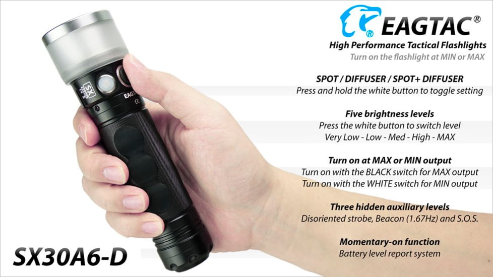 EAGTAC SX30A6-D Flashlight, XPL HI CW w/ LEDarray LED, 1405lm w/ 1040lm, Black, SX30A6D-XPLHI-CW