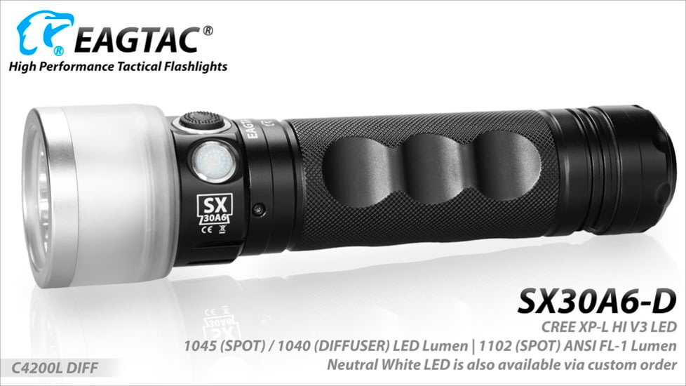 EAGTAC SX30A6-D Flashlight, XPL HI CW w/ LEDarray LED, 1405lm w/ 1040lm, Black, SX30A6D-XPLHI-CW