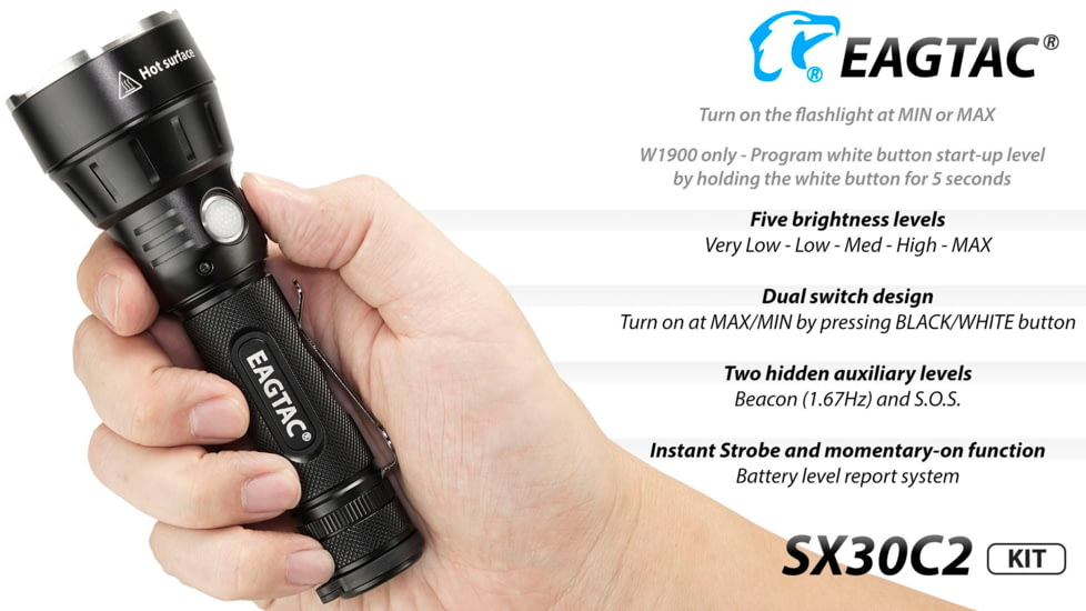 EAGTAC SX30C2 Base Flashlight, XHP35 HD CW LED, 2000lm, Black, SX30C2-XHP35-HD-BASE-CW