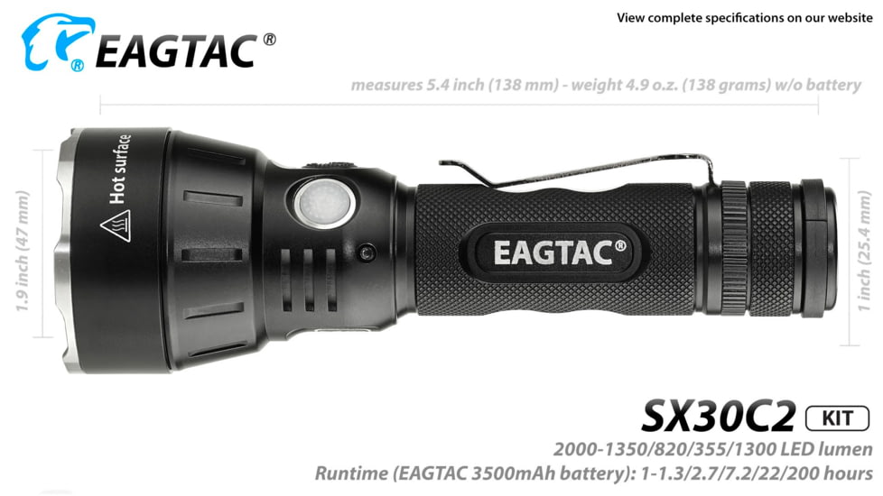 EAGTAC SX30C2 Base Flashlight, XHP35 HD CW LED, 2000lm, Black, SX30C2-XHP35-HD-BASE-CW