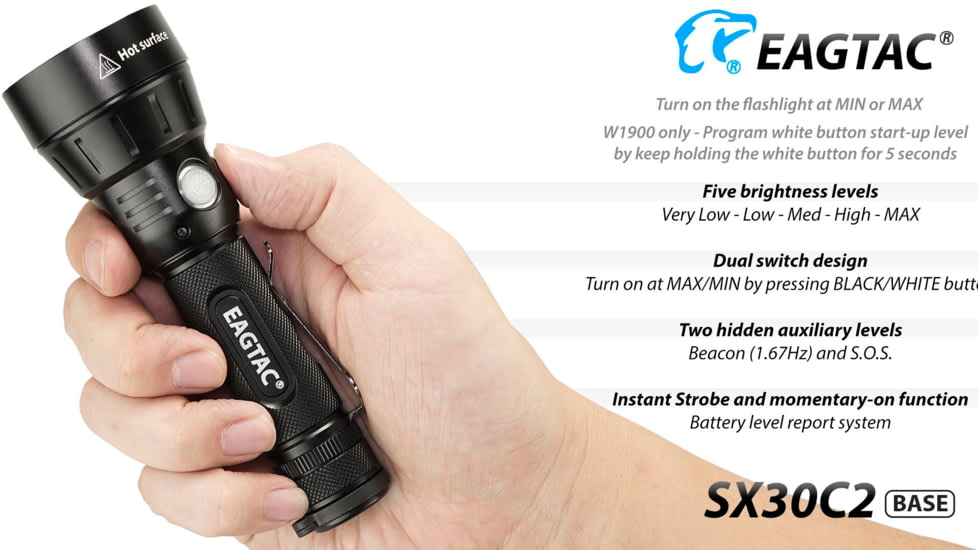 EAGTAC SX30C2 Base Flashlight, XHP35 HD CW LED, 2000lm, Black, SX30C2-XHP35-HD-BASE-CW