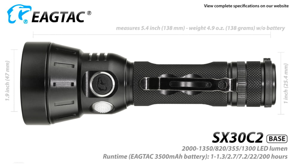 EAGTAC SX30C2 Base Flashlight, XHP35 HD CW LED, 2000lm, Black, SX30C2-XHP35-HD-BASE-CW