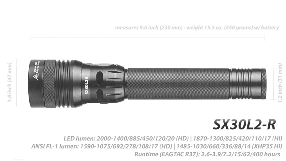 EAGTAC SX30L2-R Flashlight, XHP35 HD CW LED, 2000lm, Black, SX30L2R-XHP35-HD-REG-CW