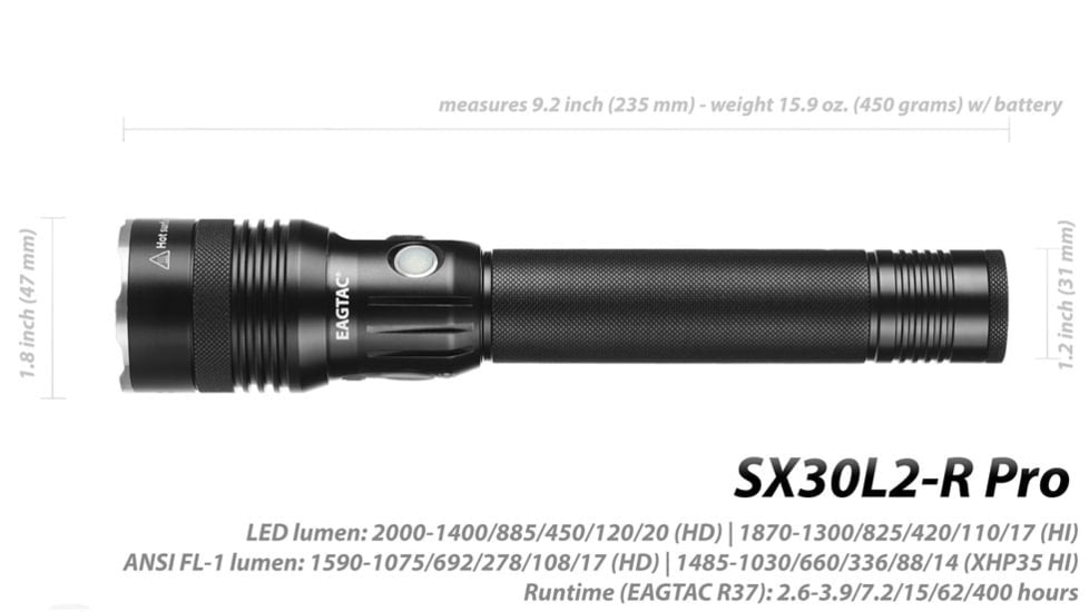 EAGTAC SX30L2-R Pro Flashlight, XHP35 HD CW LED, 2000lm, Black, SX30L2R-XHP35-HD-PRO-CW