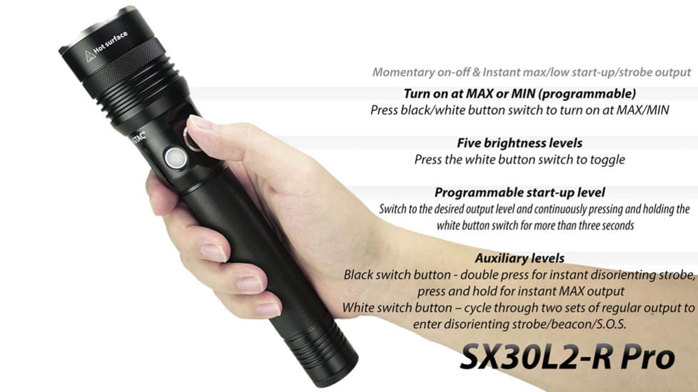 EAGTAC SX30L2-R Pro Flashlight, XHP35 HD CW LED, 2000lm, Black, SX30L2R-XHP35-HD-PRO-CW