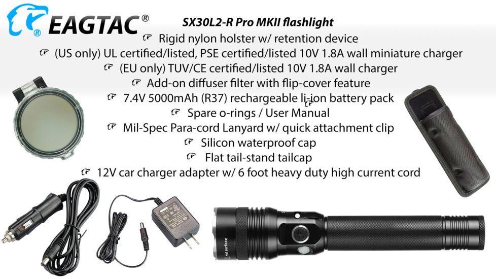 EAGTAC SX30L2-R Pro MK II Flashlight, XHP35 HD CW LED, 2000lm, Black, Medium 4137