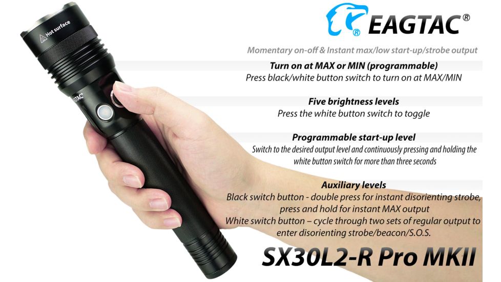 EAGTAC SX30L2-R Pro MK II Flashlight, XHP35 HD CW LED, 2000lm, Black, Medium 4137