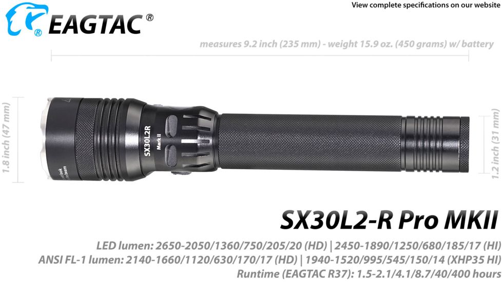 EAGTAC SX30L2-R Pro MK II Flashlight, XHP35 HD CW LED, 2000lm, Black, Medium 4137