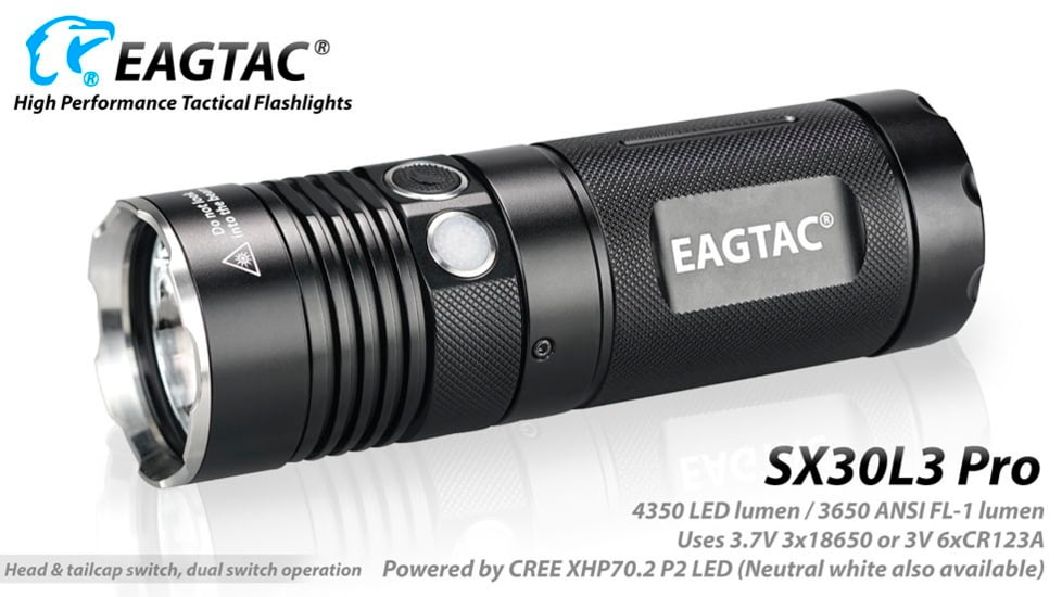 EAGTAC SX30L3 Pro Flashlight, XHP70.2 CW LED, 4350lm, Black, SX30L3-XHP702-PRO-CW