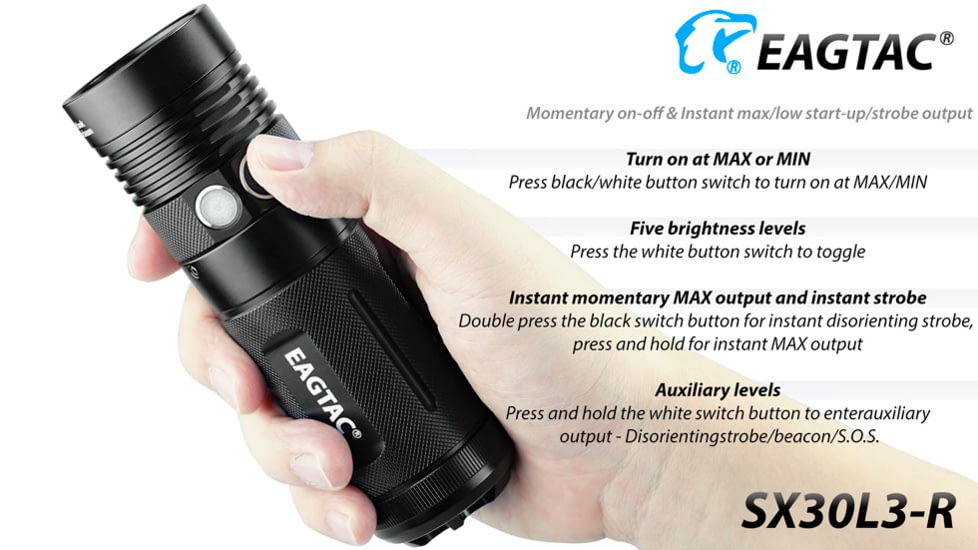 EAGTAC SX30L3-R Flashlight, XHP70.2 CW LED, 4850lm, Black, SX30L3R-XHP702-REG-CW