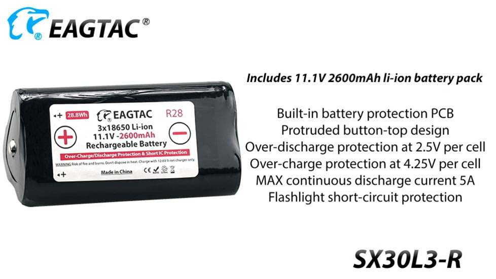 EAGTAC SX30L3-R Flashlight, XHP70.2 CW LED, 4850lm, Black, SX30L3R-XHP702-REG-CW