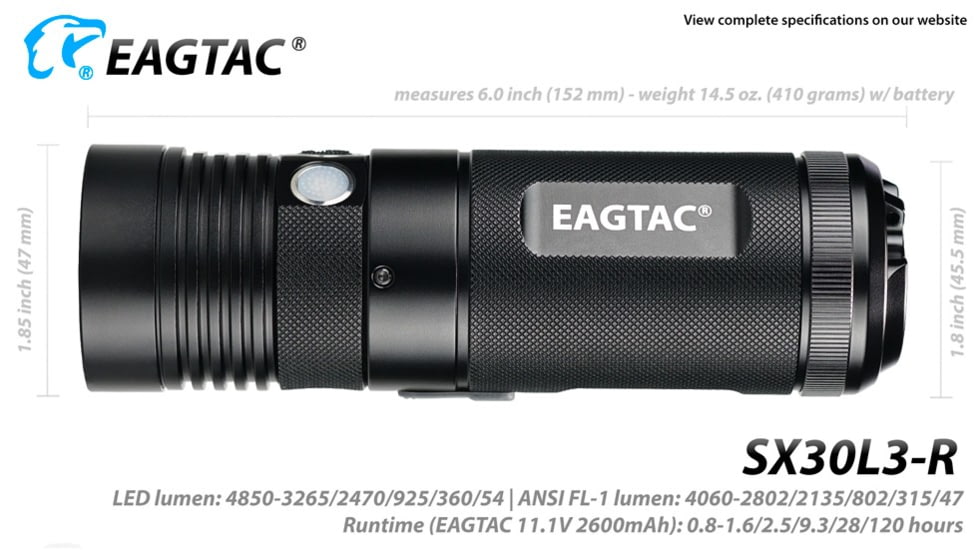 EAGTAC SX30L3-R Flashlight, XHP70.2 CW LED, 4850lm, Black, SX30L3R-XHP702-REG-CW