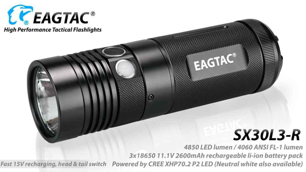 EAGTAC SX30L3-R Flashlight, XHP70.2 CW LED, 4850lm, Black, SX30L3R-XHP702-REG-CW