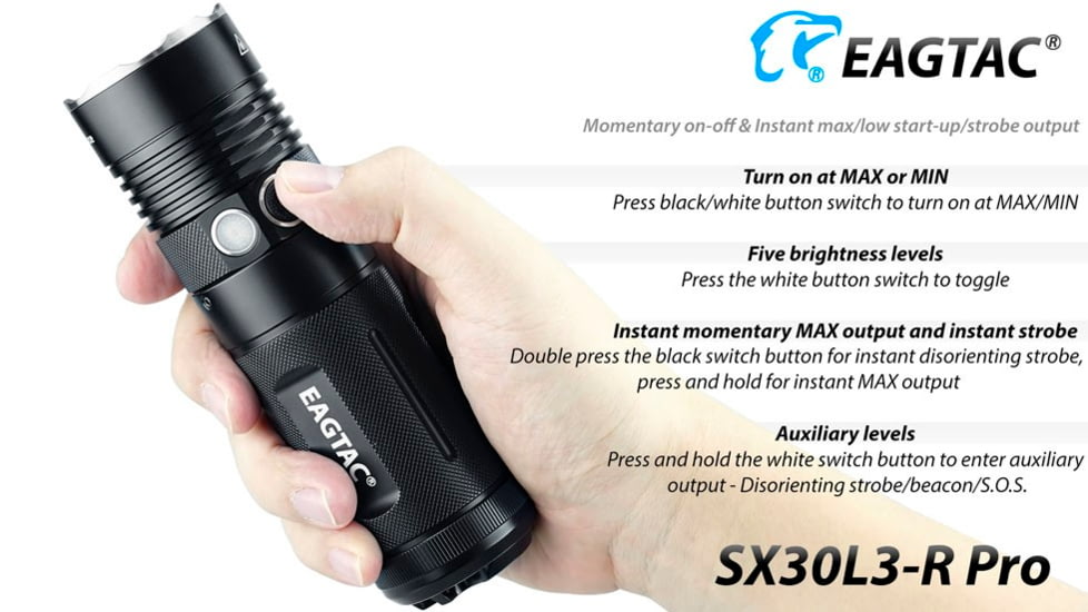 EAGTAC SX30L3-R Pro Flashlight, XHP70.2 CW LED, 4850lm, Black, SX30L3R-XHP702-PRO-CW