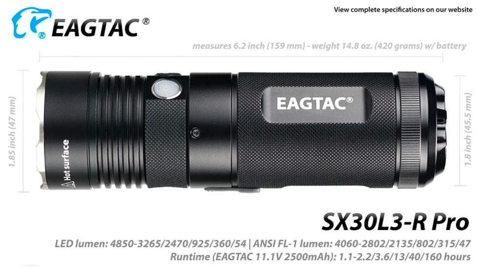 EAGTAC SX30L3-R Pro Flashlight, XHP70.2 CW LED, 4850lm, Black, SX30L3R-XHP702-PRO-CW