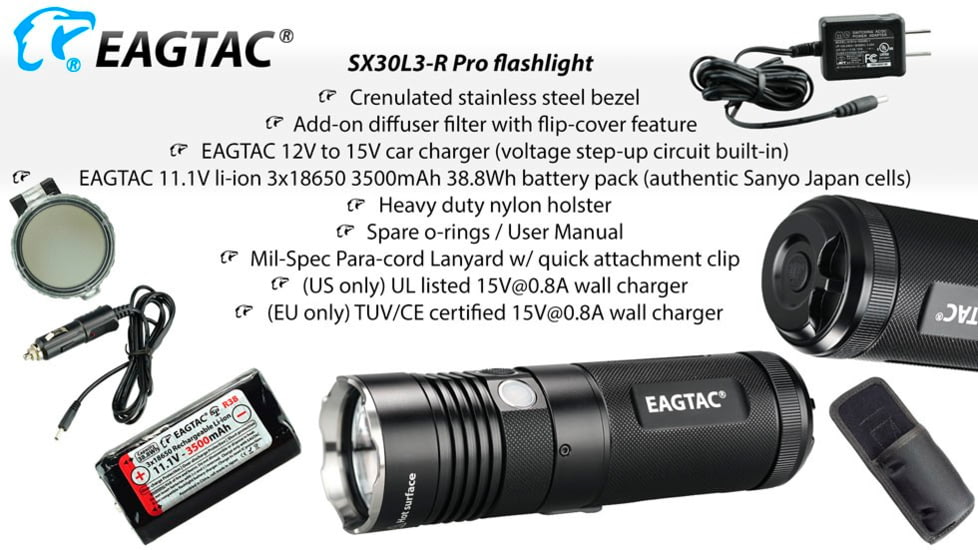 EAGTAC SX30L3-R Pro Flashlight, XHP70.2 CW LED, 4850lm, Black, SX30L3R-XHP702-PRO-CW