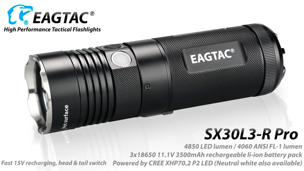EAGTAC SX30L3-R Pro Flashlight, XHP70.2 CW LED, 4850lm, Black, SX30L3R-XHP702-PRO-CW